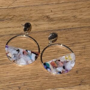 Gold Hoop Drop Earrings with Multicolor Terrazzo Inlay